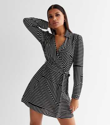 Black Stripe Collared Mini Wrap Dress