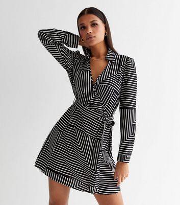 Black Stripe Collared Mini Wrap Dress