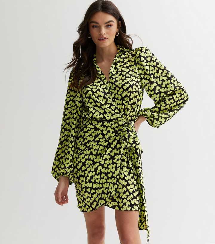 Yellow Heart Print Long Sleeve Tie Waist Mini Dress