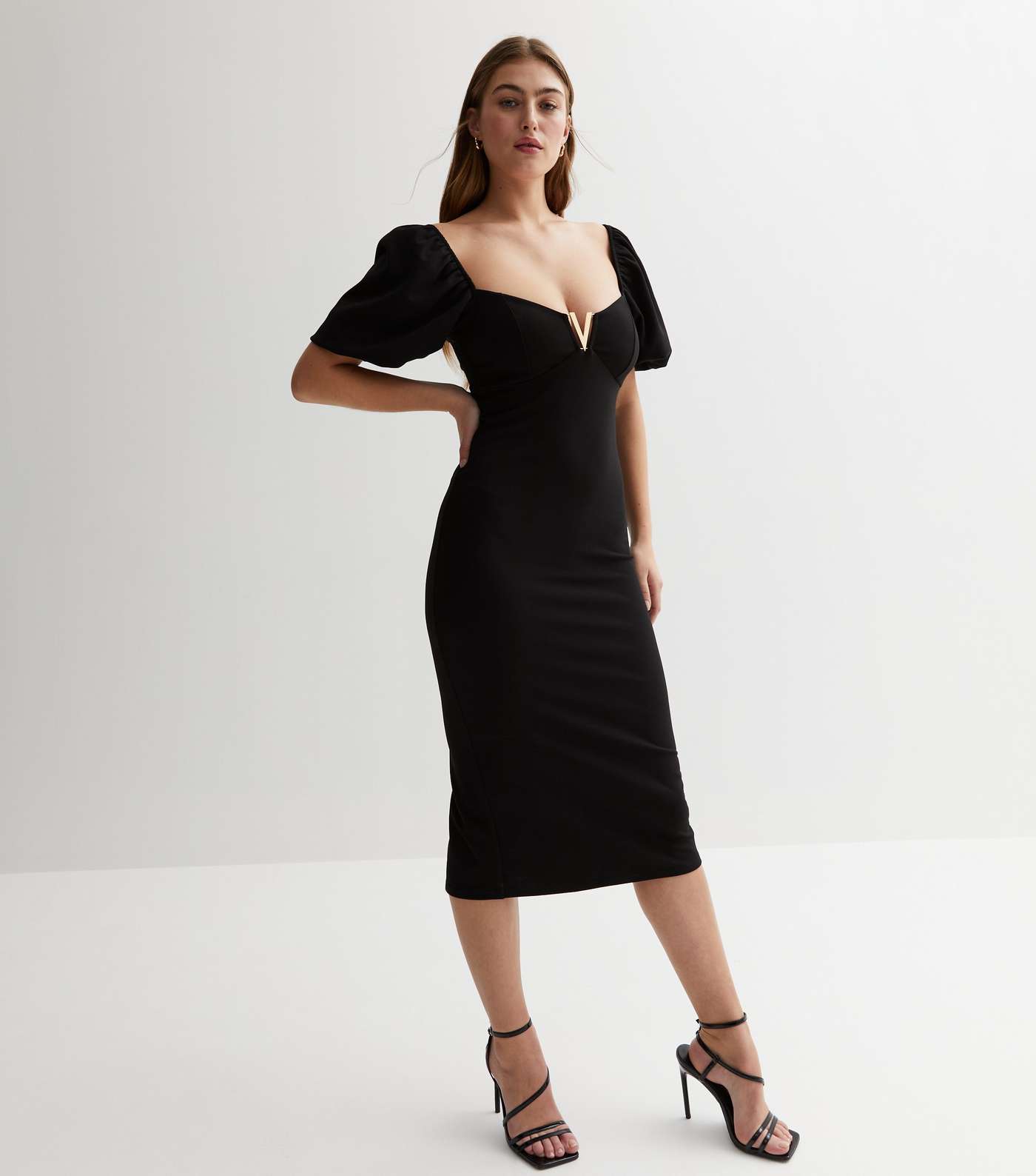 Black Sweetheart Short Sleeve Midi Bodycon Dress Image 3