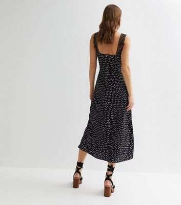 Black Spot Strappy Lace Trim Midi Slip Dress | New Look