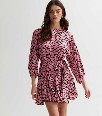 Pink Heart Print Long Puff Sleeve Mini Dress