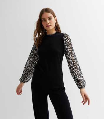 Black Animal Print Chiffon Long Puff Sleeve 2 in 1 Top