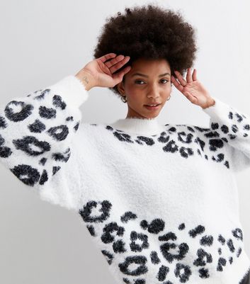 Sunshine Soul White Leopard Print Fluffy Knit Jumper