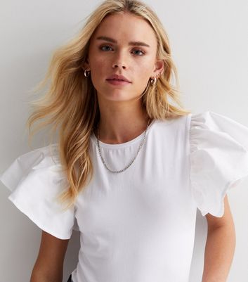 Petite White Poplin Frill Sleeve Bodysuit