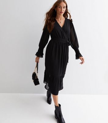 Influence Black Chiffon Long Sleeve Frill Midi Wrap Dress New Look