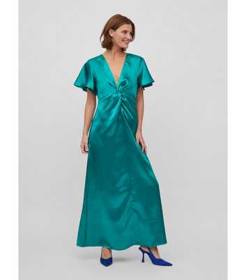 VILA Turquoise Satin V Neck Short Flutter Sleeve Twist Front Maxi Dress