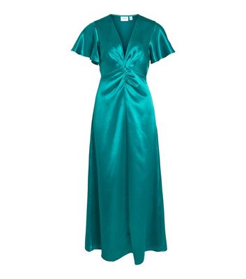 VILA Turquoise Satin V Neck Short Flutter Sleeve Twist Front Maxi Dress New Look