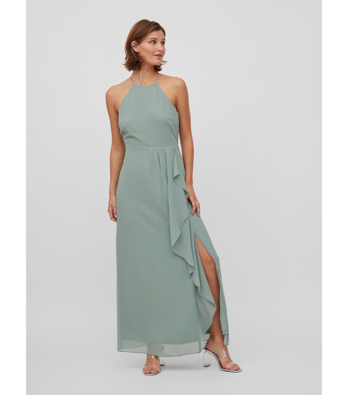 Women's Light Green Halter Neck Drape Frill Open Back Maxi Dress VILA New Look