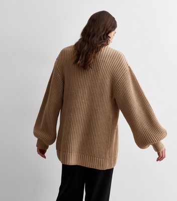 Camel Stitch Knit Balloon Sleeve Cardigan New Look