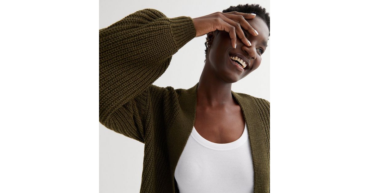 Khaki Stitch Knit Balloon Sleeve Cardigan | New Look