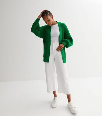 Dark Green Stitch Knit Balloon Sleeve Cardigan