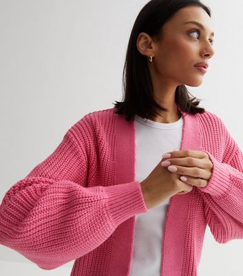 Pink Stitch Knit Balloon Sleeve Cardigan New Look