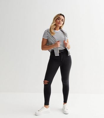 Petite Black Ripped Knee High Waist Hallie Super Skinny Jeans New Look