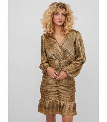VILA Gold V Neck Long Puff Sleeve Frill Hem Mini Dress