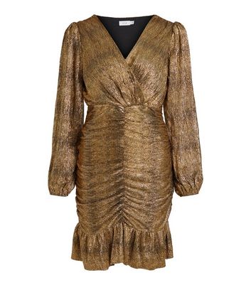 VILA Gold V Neck Long Puff Sleeve Frill Hem Mini Dress New Look