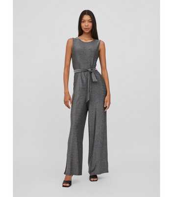 VILA Silver Glitter Crew Neck Sleeveless Belted Wide Leg Jumpsuit