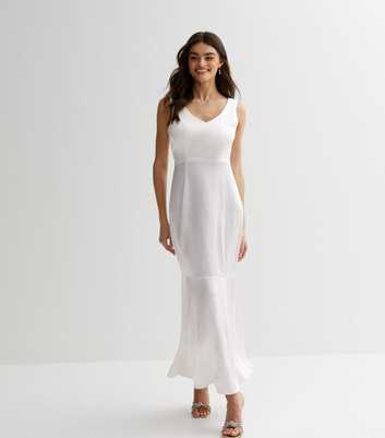 VILA Off White Satin Fishtail Midi Dress