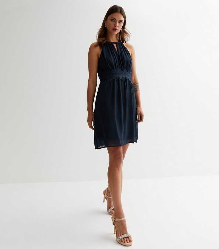 VILA Navy Lace Halter Keyhole Mini Dress