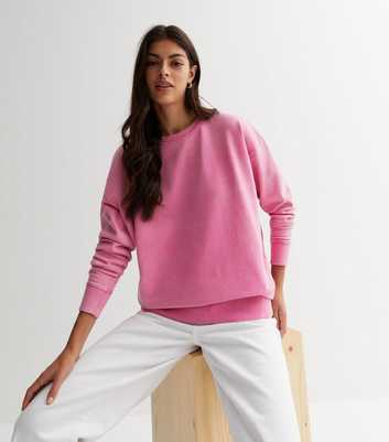 Bright Pink Acid Wash Crew Neck Sweatshirt