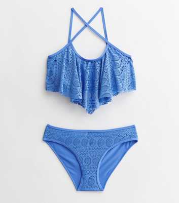 Girls Pale Blue Lace Flounce Bikini Set
