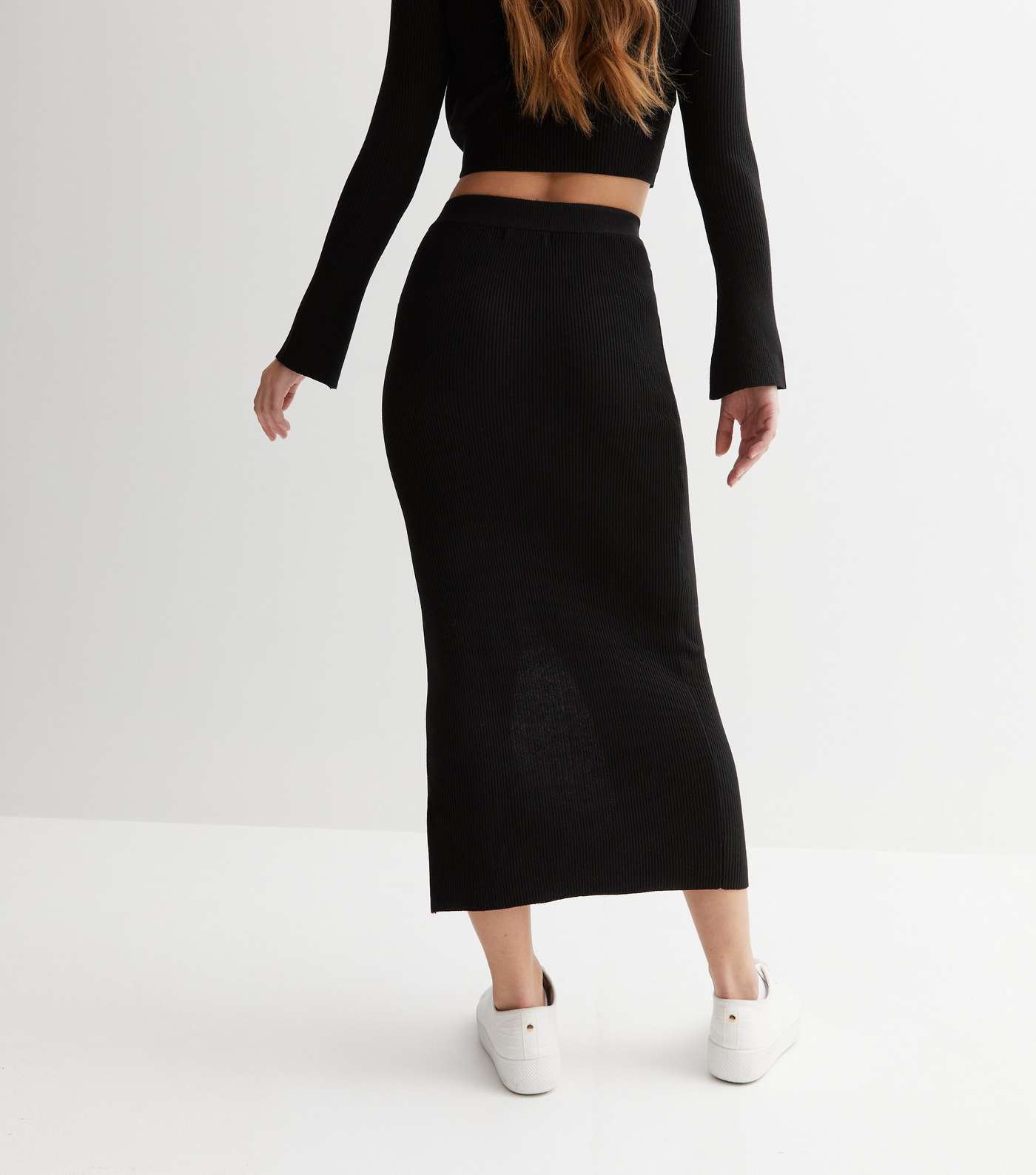 Black Ribbed Knit High Waist Split Hem Midi Skirt Image 4