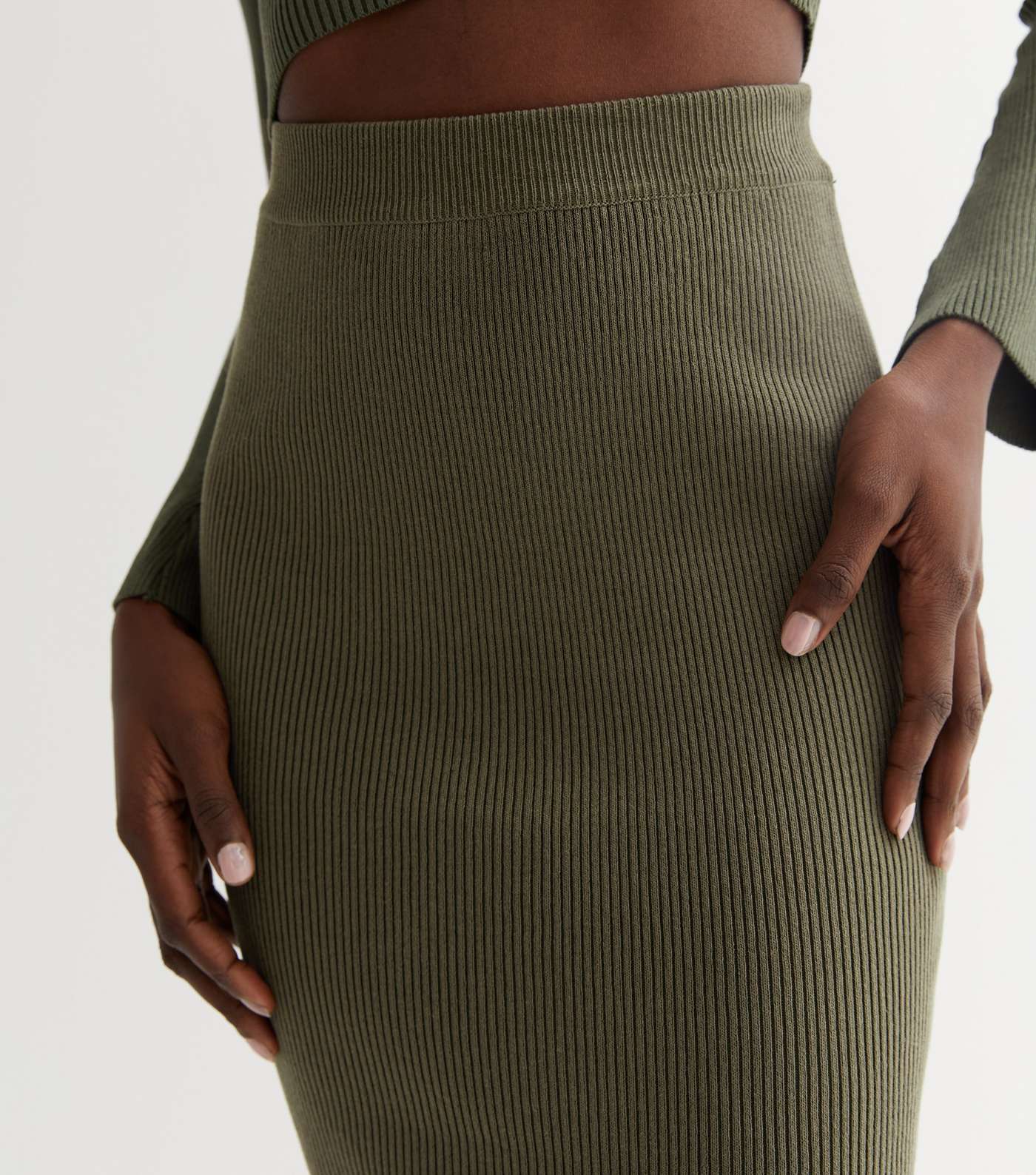 Khaki Ribbed Knit High Waist Split Hem Midi Skirt Image 3