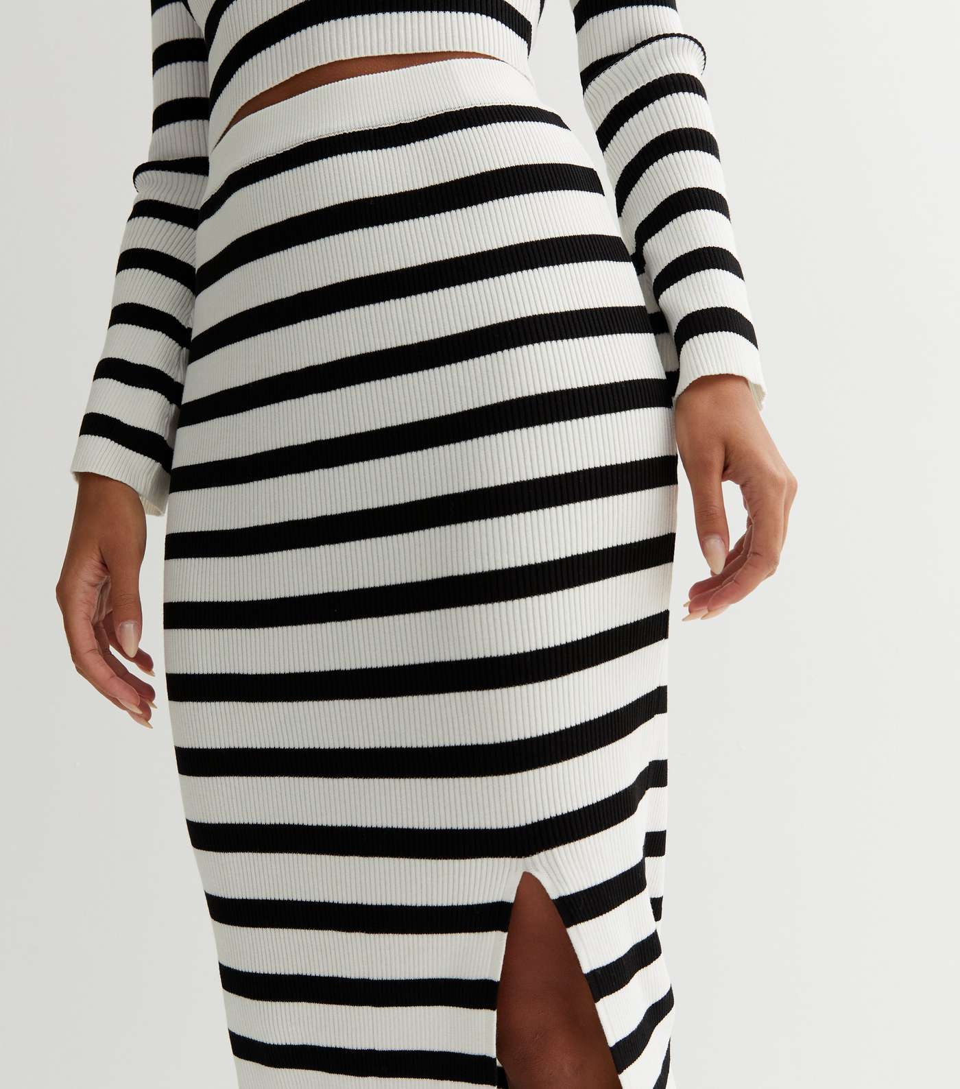 White Stripe Ribbed Knit Midi Skirt Image 3
