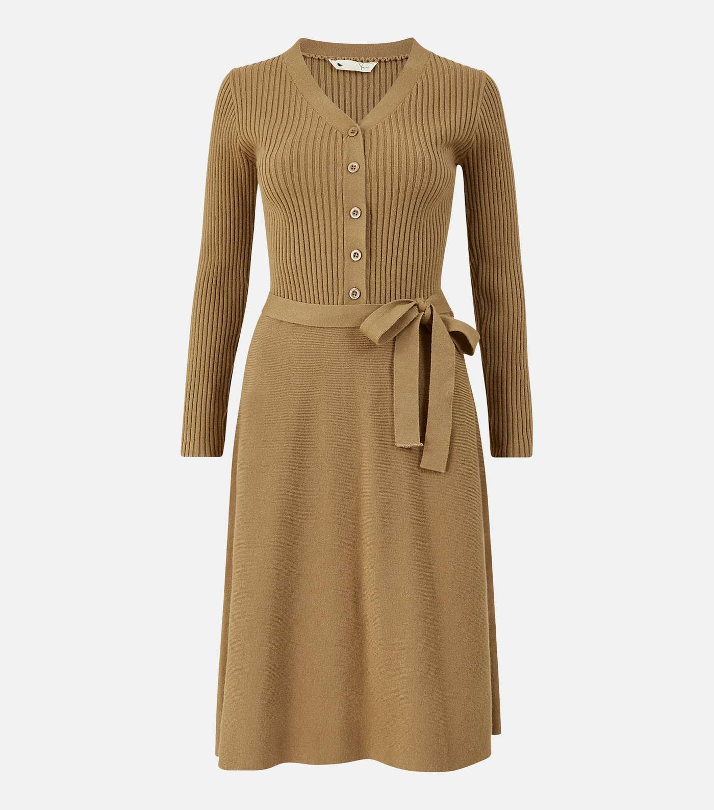 Yumi Light Brown Ribbed Knit Long Sleeve Button Front Midi Dress Image 3