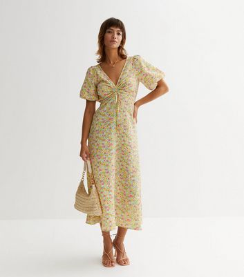 Yellow Floral Textured Ruched Midi Dress New Look
