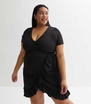 Vero Moda Curve Black Crinkle Jersey V Neck Frill Mini Wrap Dress