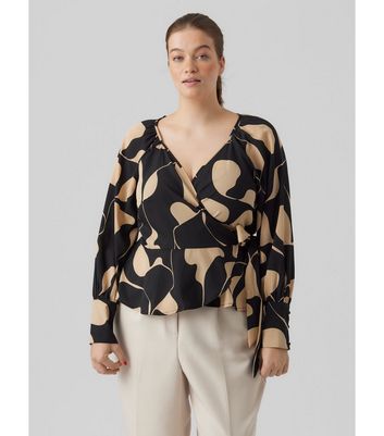 Vero Moda Curve Black Abstract Long Sleeve Wrap Top | New Look