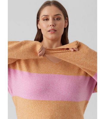 Vero Moda Curve Pink Stripe Knit V Neck Knit Jumper New Look