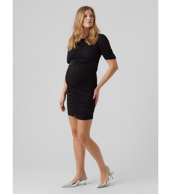 Mamalicious Maternity Black Ruched Puff Sleeve Crop Top New Look