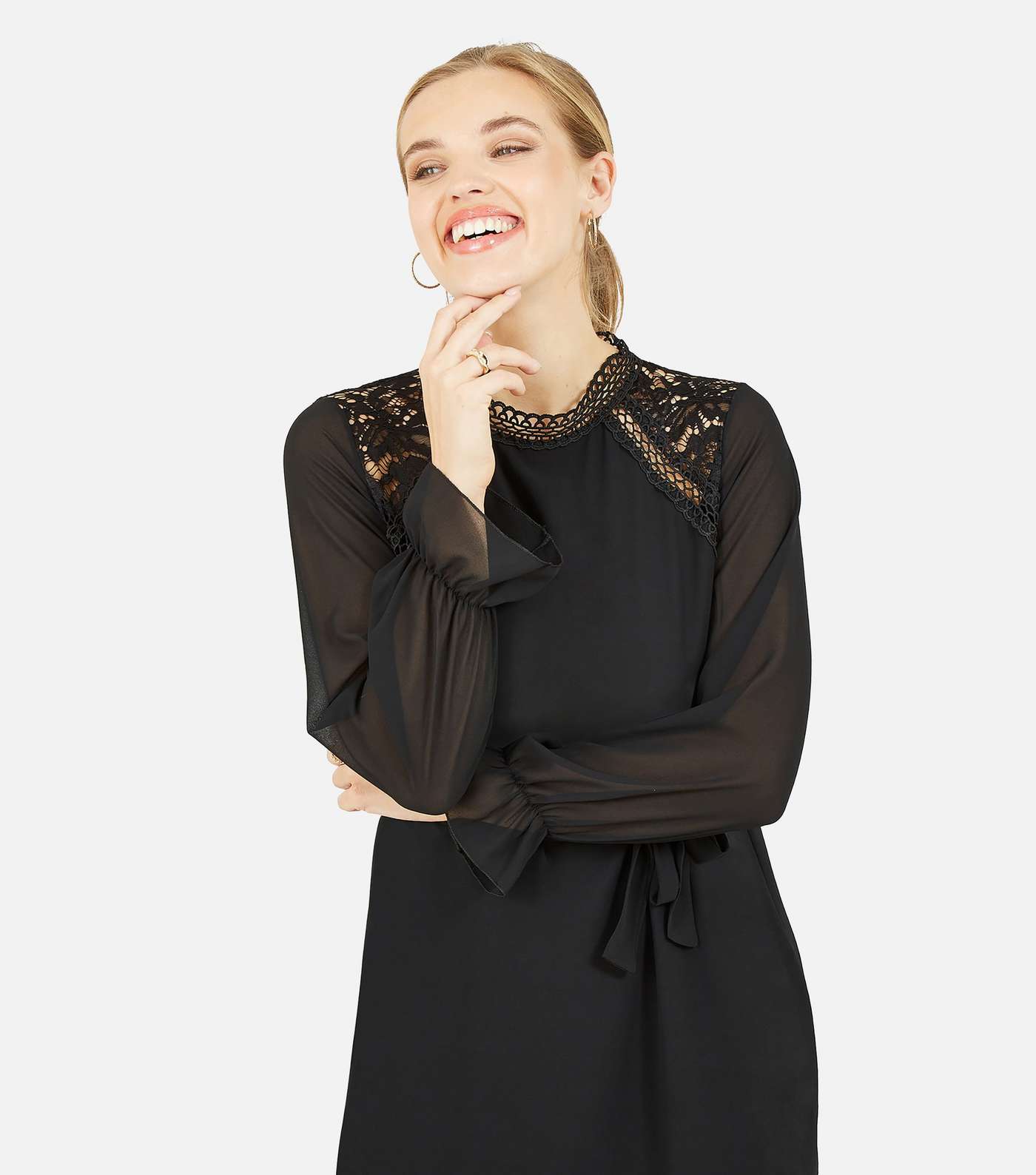 Mela Black High Neck Long Sleeve Lace Trim Belted Mini Dress Image 2