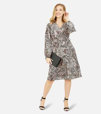 Mela Brown Animal Paisley Print Long Sleeve Pleated Midi Wrap Dress