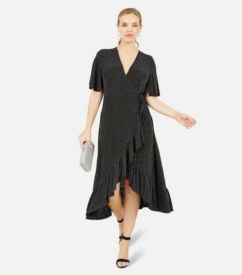 Mela Black Glitter Short Sleeve Frill Midi Wrap Dress New Look