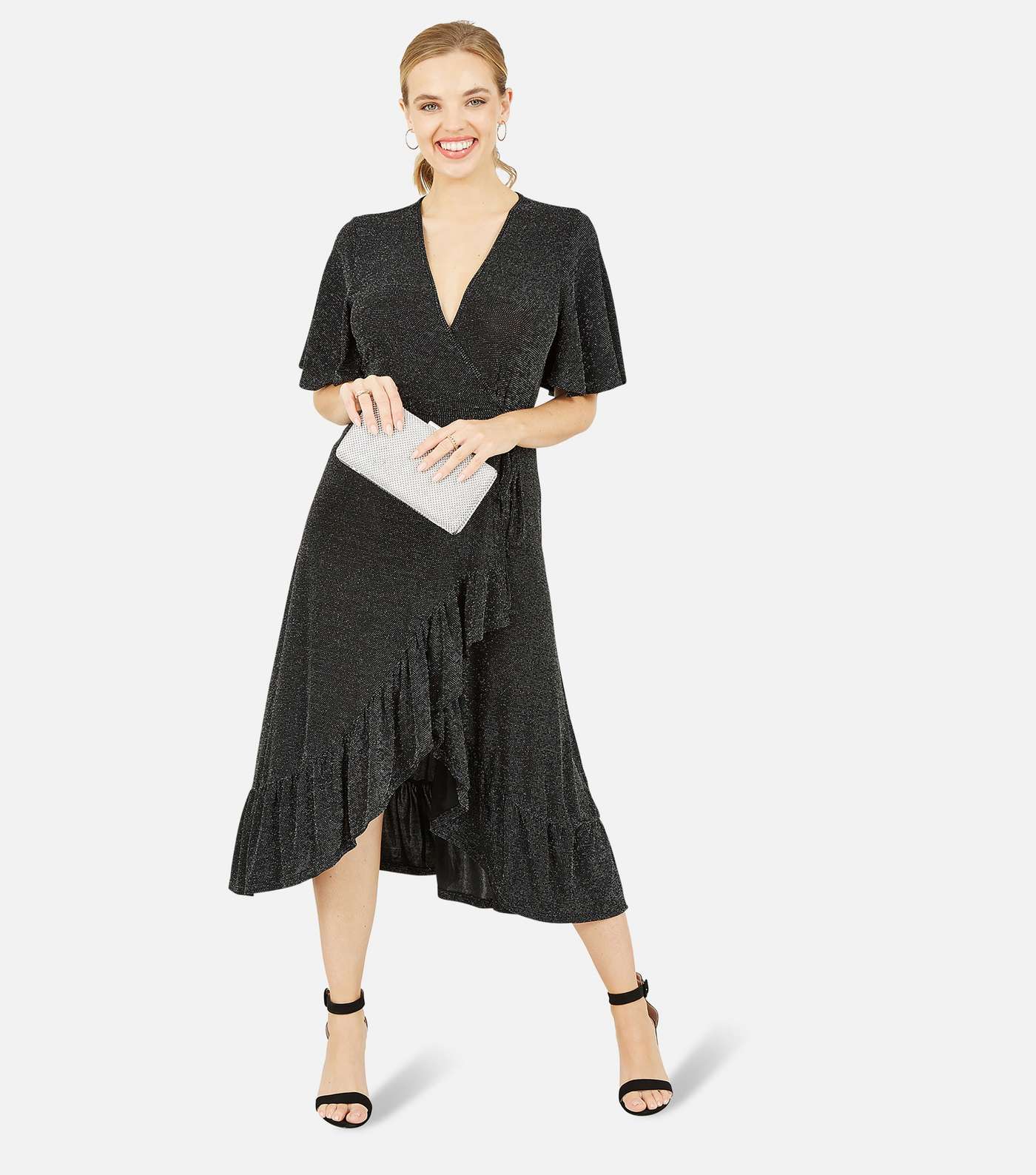 Mela Black Glitter Short Sleeve Frill Midi Wrap Dress Image 3