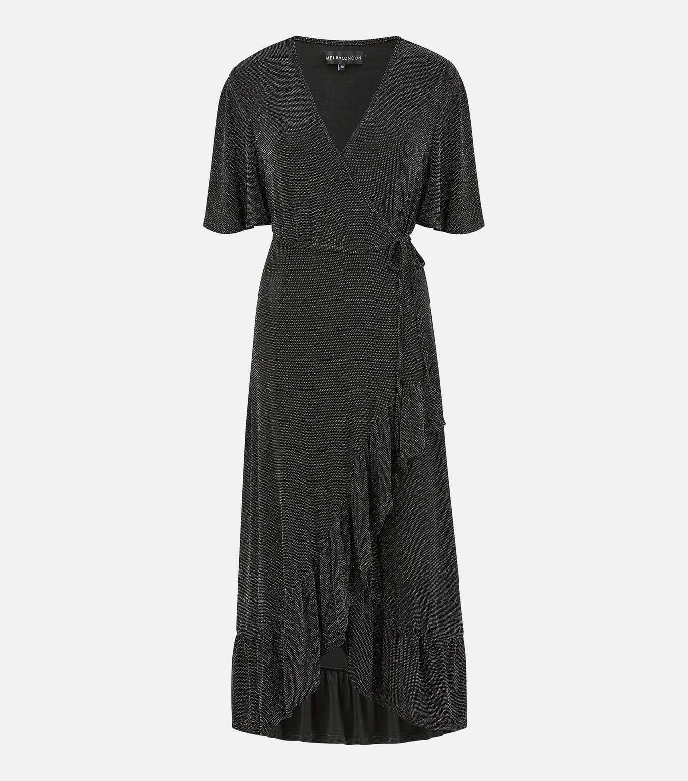 Mela Black Glitter Short Sleeve Frill Midi Wrap Dress Image 5