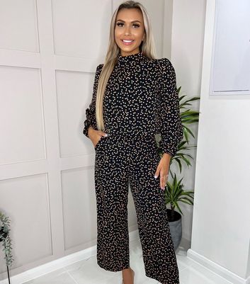 AX Paris Black Heart Print Long Sleeve Wide Leg Jumpsuit