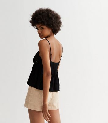 Black Embroidered Peplum Cami Top New Look