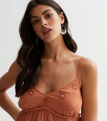 Rust Embroidered Peplum Cami Top New Look