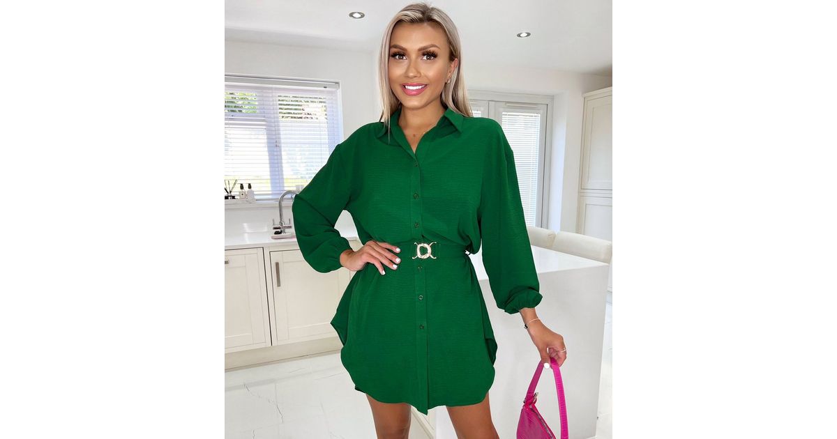 AX Paris Green Long Sleeve Belted Mini Shirt Dress New Look