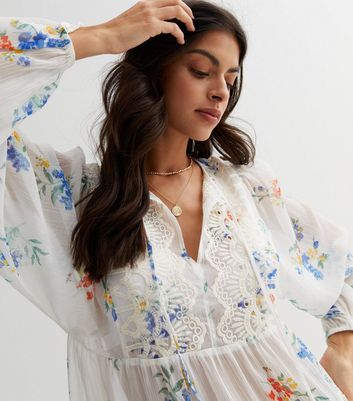 White Floral Chiffon Embroidered Tie Top