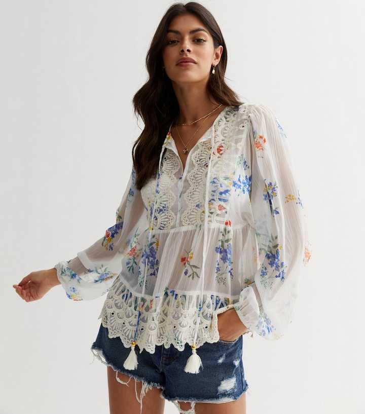 newlook.com | White Floral Chiffon Embroidered Tie Top