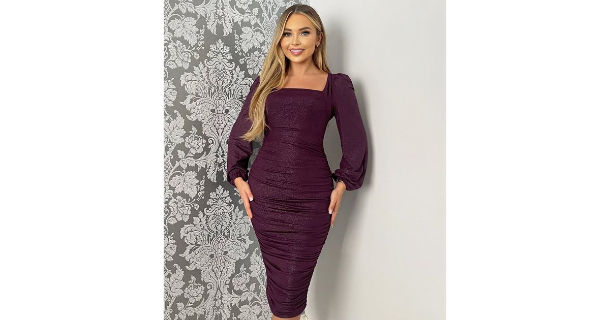 Plum Square Neck Ruched Long Sleeve Midi Dress – AX Paris