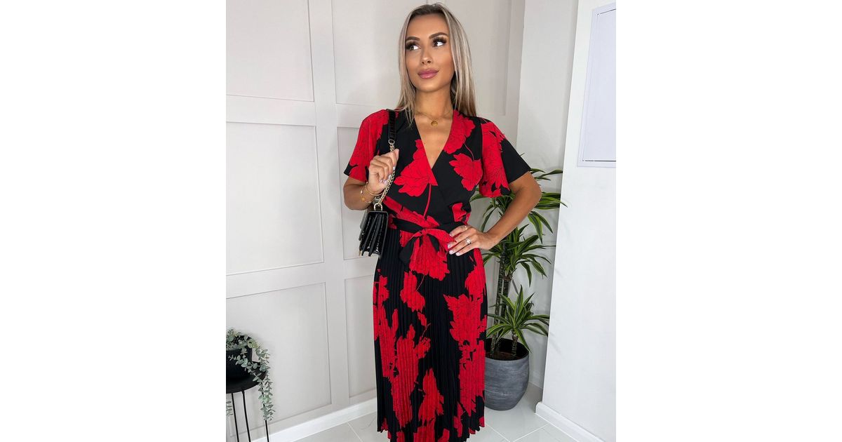 AX Paris Red Floral Pleated Midi Wrap Dress New Look