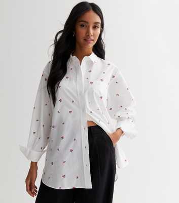 White Embroidered Cherry Print Shirt