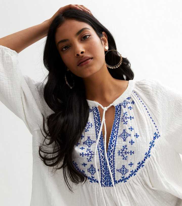 White Embroidered Oversized 3/4 Sleeve Tassel Top