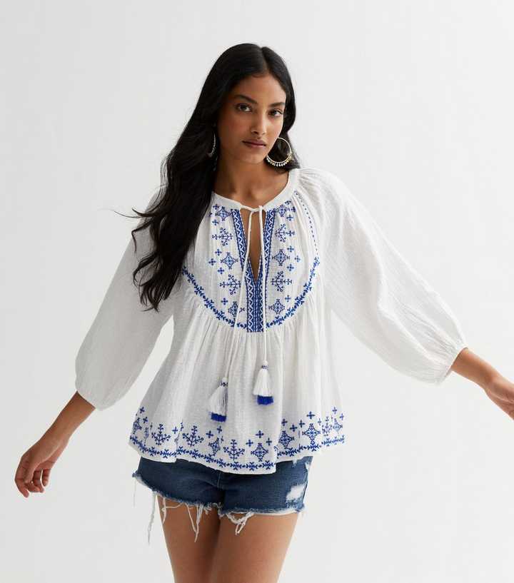 White Embroidered Oversized 3/4 Sleeve Tassel Top